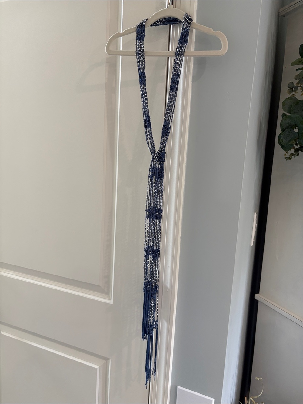 Long Beaded Tassel Necklace in Navy and White